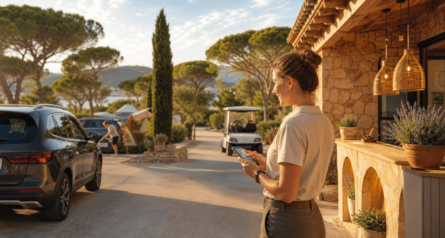 Équipe de camping utilisant Cigalo pour résoudre un problème de véhicule