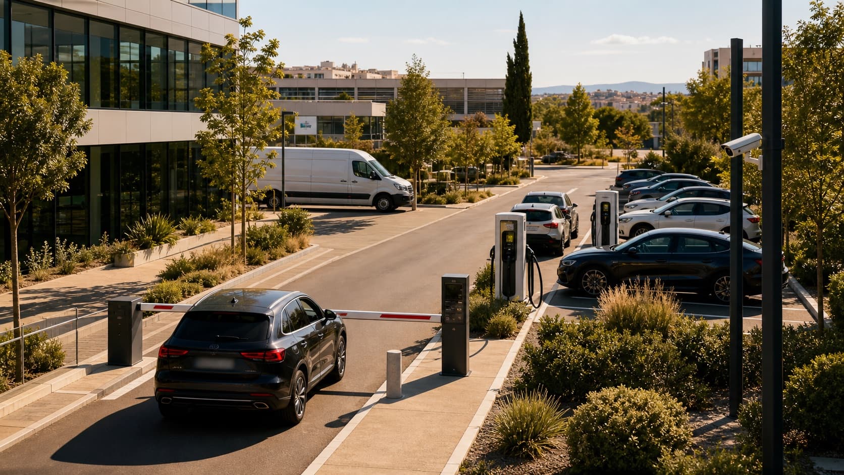 Parking d'entreprise moderne avec barrière d'accès, bornes de recharge et zone de livraison